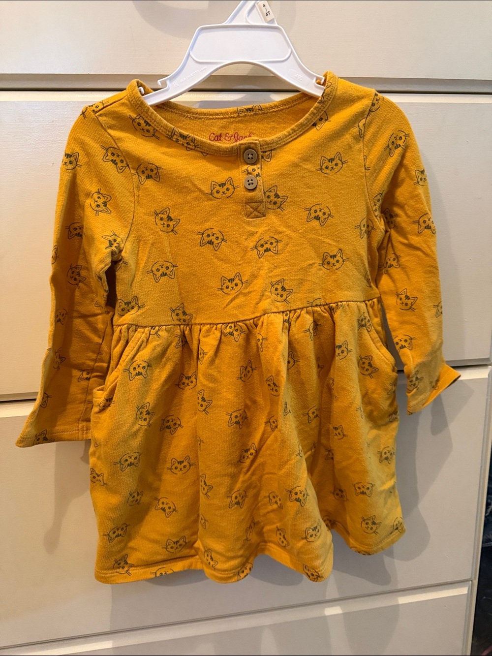Cat & Jack Mustard Yellow Kitty Print Long-Sleeve Dress